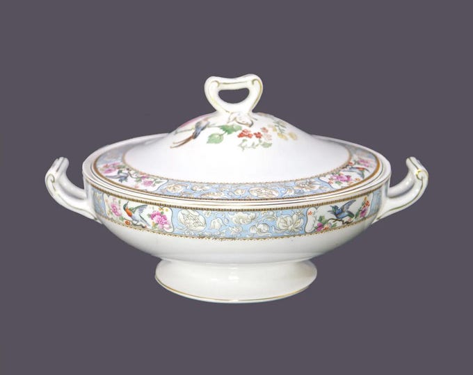 Antique art-nouveau era Grindley Baroda covered, handled serving bowl. Bird of paradise pattern made in England. Rare.