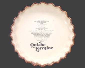 Vintage Quiche Lorraine pan. Crimped sides, recipe in center.