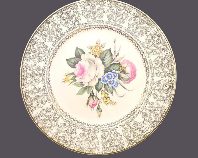 MCM Salem China SLM8 Dinner Plate: 22K Gold Filigree Rim, Floral Center. USA.