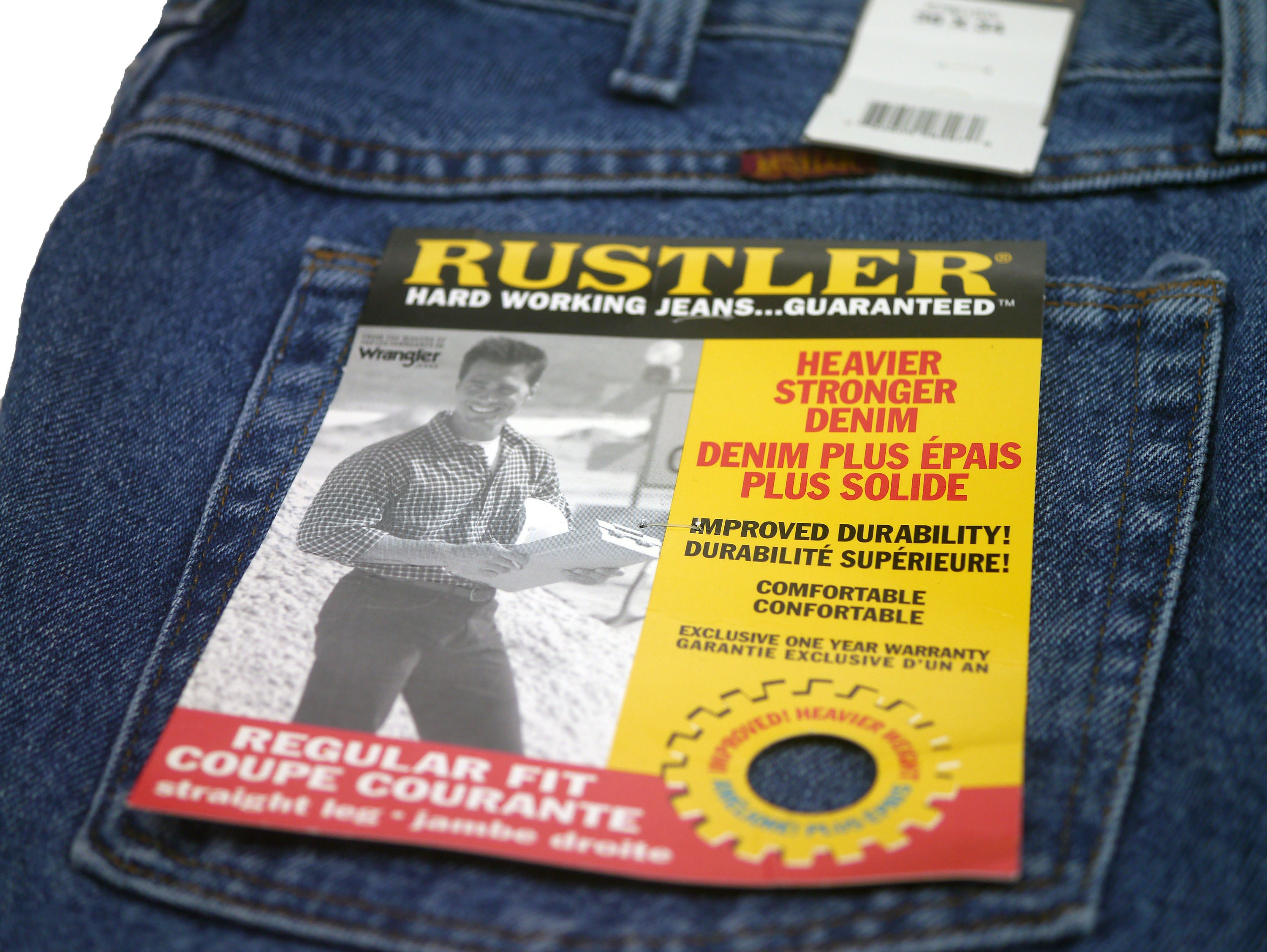 Vintage (1980s) Wrangler Rustler men's heavyweight denim jeans with zip  fly. Never worn original tags. Regular fit. Made in USA. Mint.