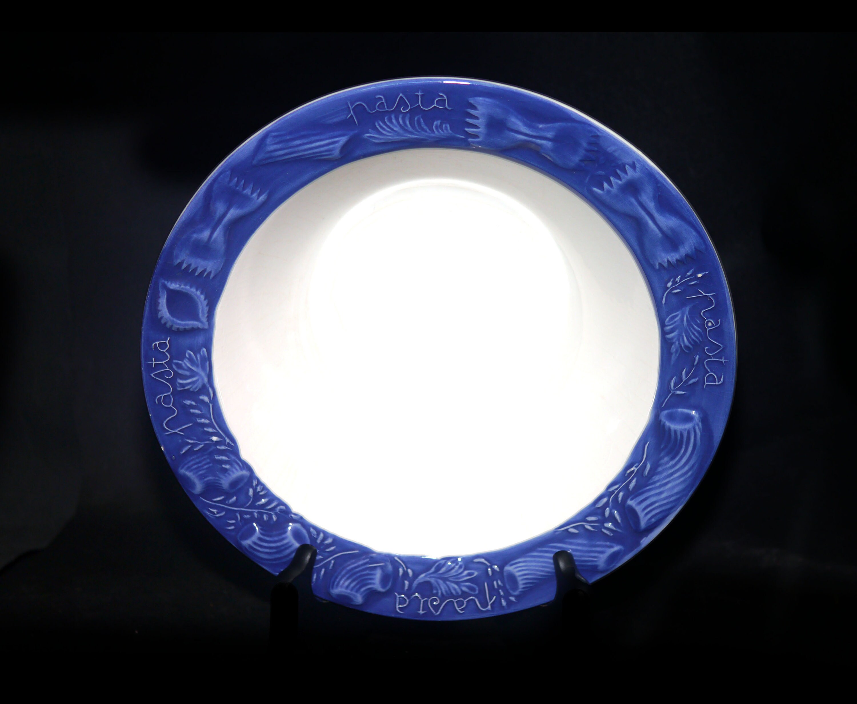 Himark round rimmed pasta or salad serving bowl. Blue, embossed pasta