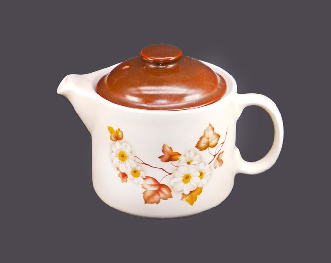 Sadler four-cup coffee pot. Autumn leaves, white blossoms, brown lid. Made in England.