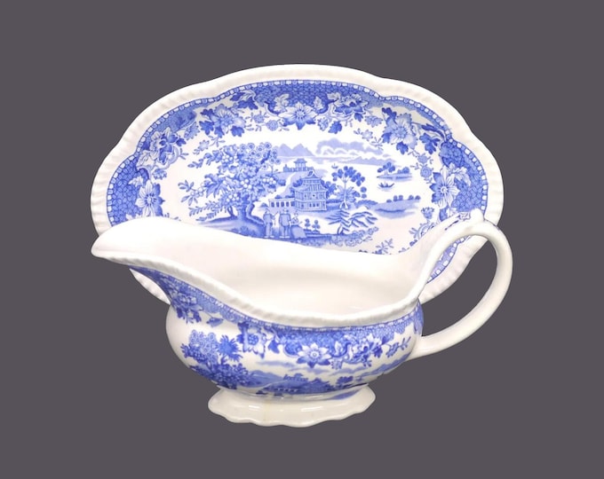 Wood & Sons Seaforth Blue gravy boat with under-plate. Blue-and-white tableware made in England.