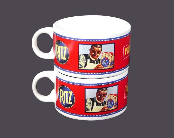 Pair of Premium Plus | Ritz crackers | Primo soup mugs.