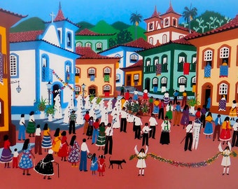Signed numbered gouache print by artist Sadi. Colorful town square. Wood frame, glass.