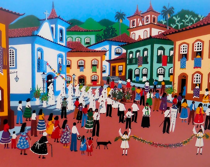 Signed numbered gouache print by artist Sadi. Colorful town square. Wood frame, glass.