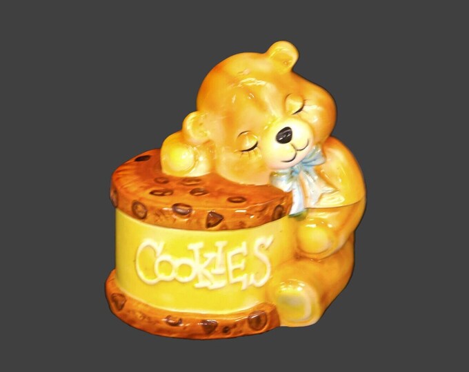 Willitts Designs California musical cookie jar. Teddy bear sleeping on cookie. Made in USA.