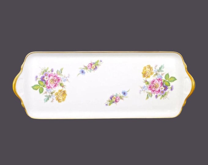 Tharaud Limoges lugged sandwich, bread, pastry platter or vanity tray. Multicolor flowers, gold trim. Made in France.