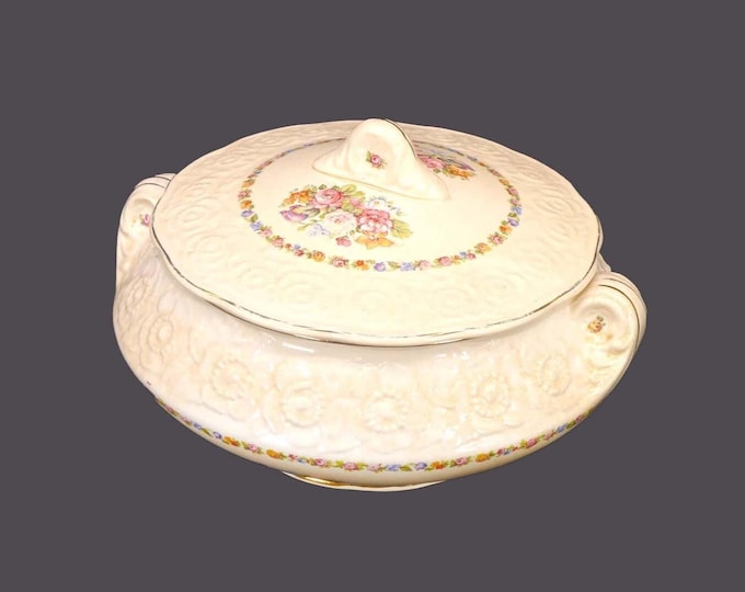 Sovereign Potters 322-37 covered serving bowl. Floral creamware. English ironstone decorated in Canada.