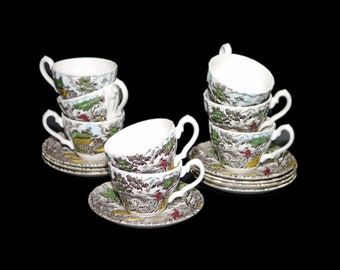 Eight Myott The Hunter Multicolor hand-decorated cup and saucer sets made in England.