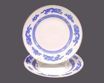 Pair of George Jones & Sons | Crescent Pottery Dragon blue-and-white Chinoiserie salad plates made in England.