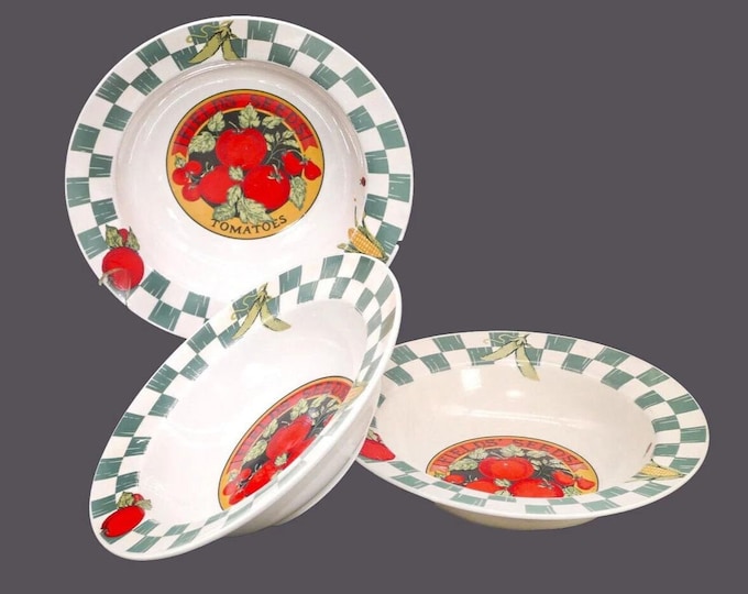 Three Tienshan Farmer's Market rimmed stoneware soup bowls. Fields' Seeds, tomatoes.