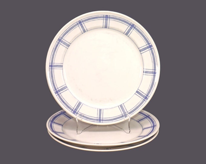 Three Eaton Home large dinner plates. Blue-and-white checks. Flaws (see below).