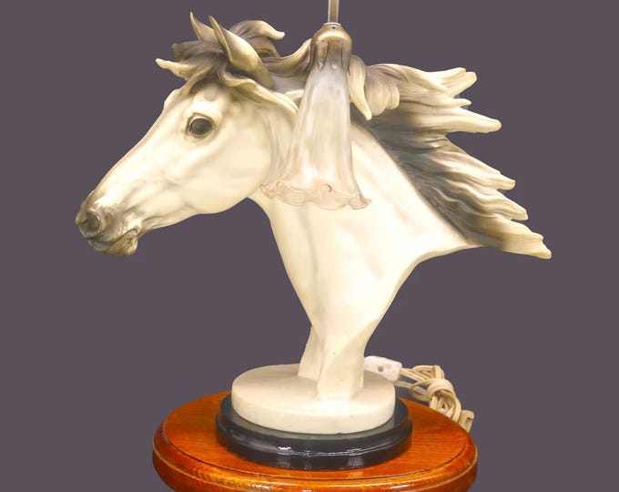 Mid-century White Horse Bust | Horse Head table lamp with glass shade and wooden base.