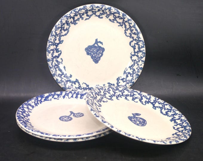 Vintage Tienshan Fruits Blue dinner plates. Folk Craft Stoneware. Flaws. 4 plates.
