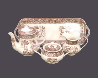 Vintage Skye McGhie Brown Botanical Tea Service: Teapot, Creamer, Sugar Bowl, Tray