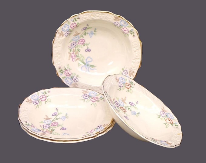Four Myott Susan squared, rimmed fruit nappies, dessert bowls. Art-deco tableware made in England. Minor flaw (see below).