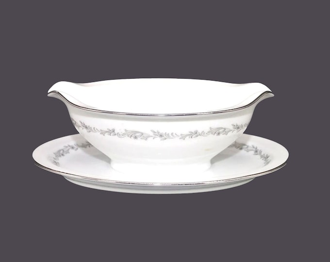 Noritake Crestmont 6013 twin-spout gravy boat with attached under-plate made in Japan.