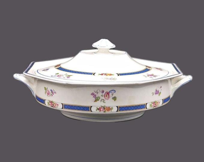 Victorian-era John Maddock & Sons covered serving bowl. Multicolor florals, blue bands. Royal Vitreous Ironstone made in England.