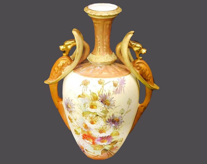 Antique Depose Ernst Wahliss Turn Wien Teplitz hand-painted vase | amphora. Majolica and gold accents made in Austria. Flaws.