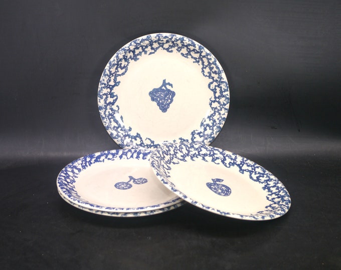 Four Tienshan Fruits Blue stoneware dinner plates. Folk Craft Stoneware. Flaws (see below).