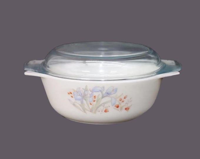 Pyrex Blue Iris 1-quart covered casserole dish with original domed lid made in England.