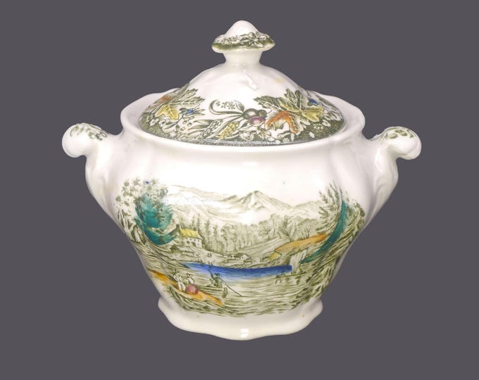Ridgway Heritage Multicolor Green Canadian Scenes covered sugar bowl featuring The Lake Farm on the Frontier. Made in England.