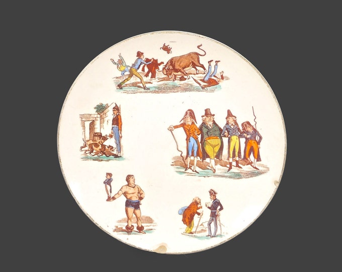 Antique Keller Guerin Luneville Polichinelle hand-painted faience plate. Early 20th-century French life. Flaws (see below).