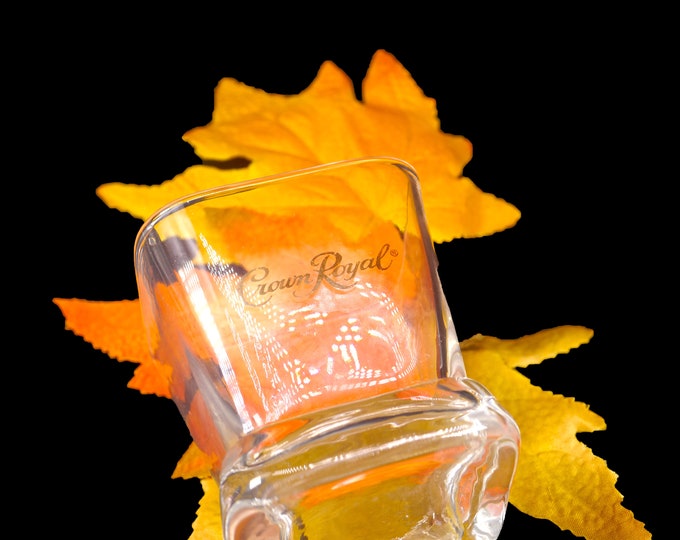 Crown Royal whisky | scotch | on-the-rocks glass. Etched-glass branding.