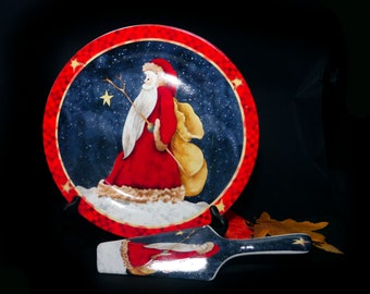 Abbott Santa Claus with sack Christmas cake serving plate with matching lifter.