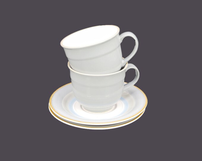 Pair of Studio Nova Triple Play MP726 stoneware cup and saucer sets. Fashion Tones Stoneware made in Japan.