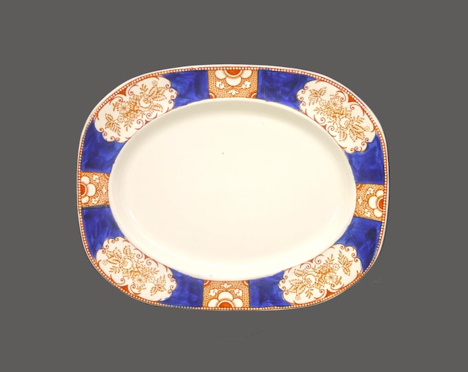 Art-deco era sandwich platter in the style of Wood and Sons Napoli. Stamped V1933. Cobalt panels, brown flowers.
