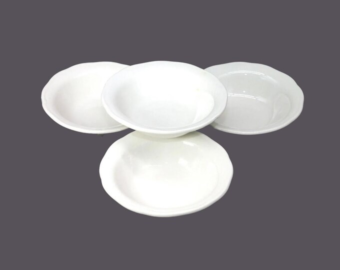Four Grindley Duraline all-white fruit nappies, dessert bowls. Super Vitrified Hotelware made in England. Flaw (see below).