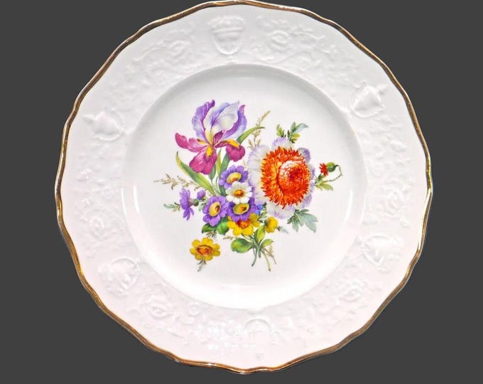 Simpsons Potters dinner plate. Center florals, embossed urns, gold edge. Solian Ware made in England.