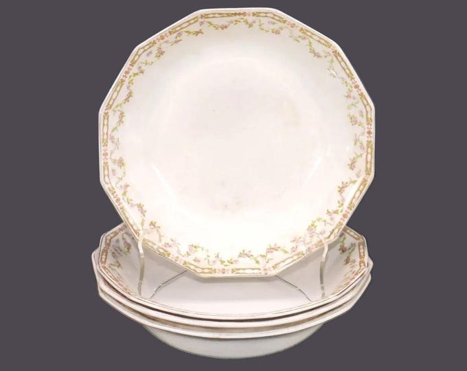 Four antique Johnson Brothers JB105 coupe soup bowls made in England. Flaws (see below).