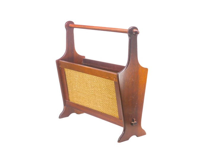 MCM solid wood and rattan handled magazine | newspaper holder, magazine butler. Dowel joints. Flaws.