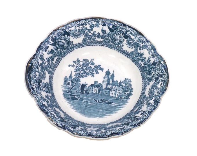 Antique Victorian-era Colonial Pottery | Winkle & Wood Togo round, lugged flow-blue serving bowl made in England. Minor flaw (see below).