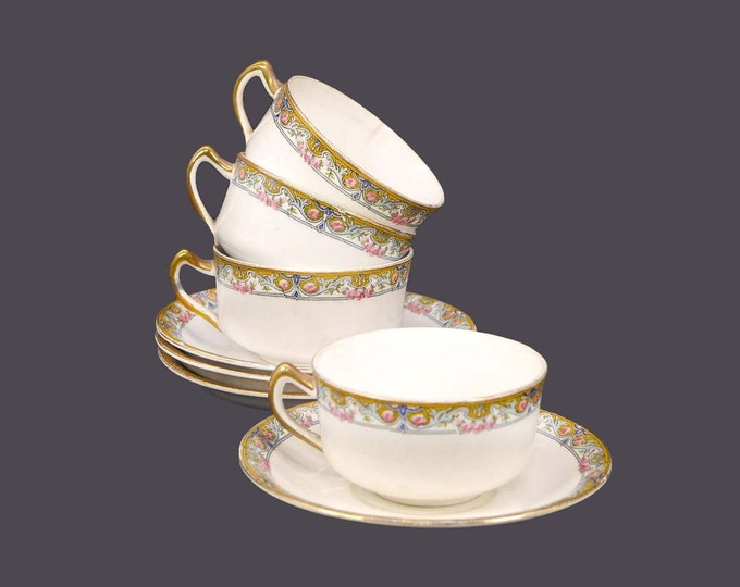 Four antique art-nouveau Homer Laughlin Empress HLC498 cup and saucer sets made in USA. Flaws (see below).