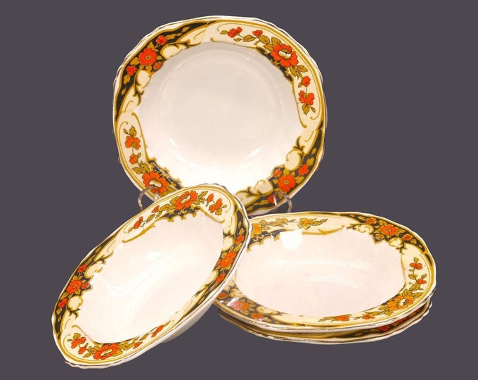 Four art-deco era Alfred Meakin Dunkirk rimmed fruit nappies, dessert bowls. Harmony shape made in England.