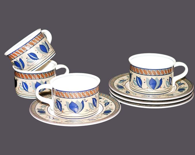 Four Mikasa Arabella CAC01 stoneware coffee cans with saucers. Intaglio vintage stoneware made in Malaysia. Flaw (see below).