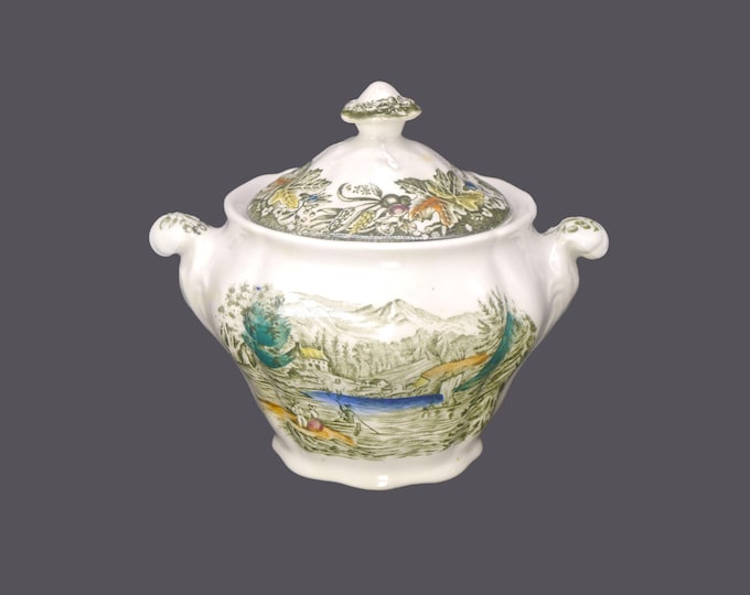 Ridgway Heritage Multicolor Green Canadian Scenes covered sugar bowl featuring The Lake Farm on the Frontier. Made in England.