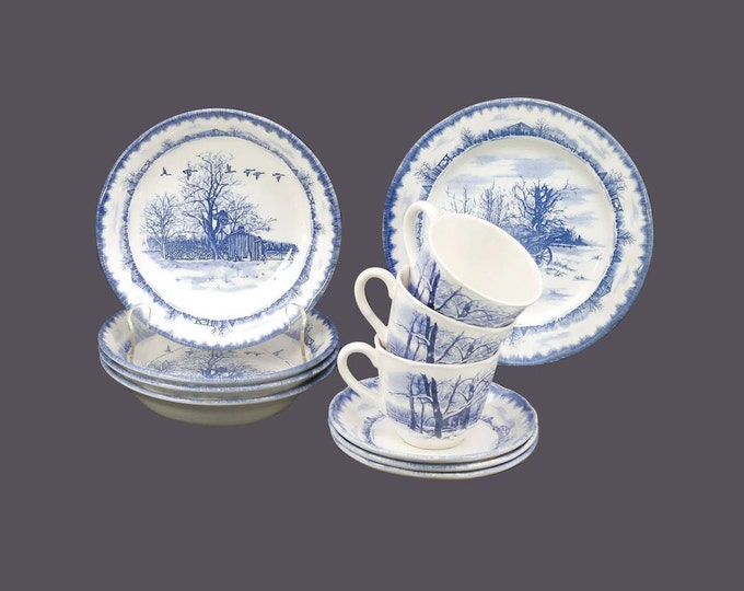 International Tableworks Riverwood dinnerware. Eleven pieces of blue-and-white tableware made in England.