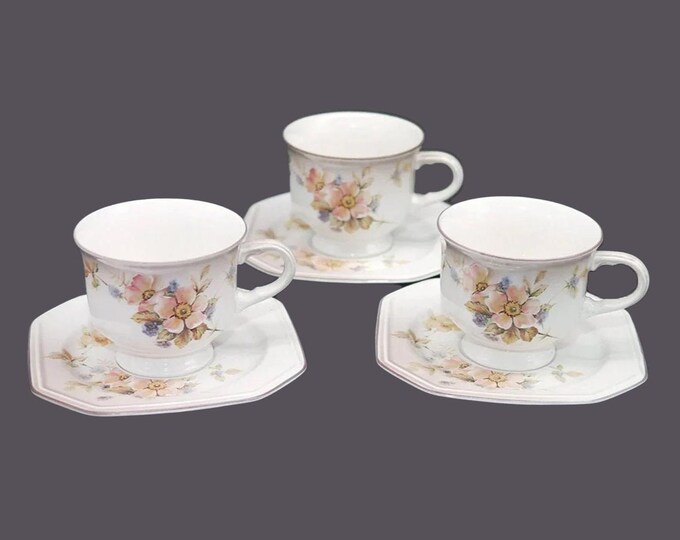 Three Mikasa F3012 Black Berries stoneware cup and saucer sets made in Japan.
