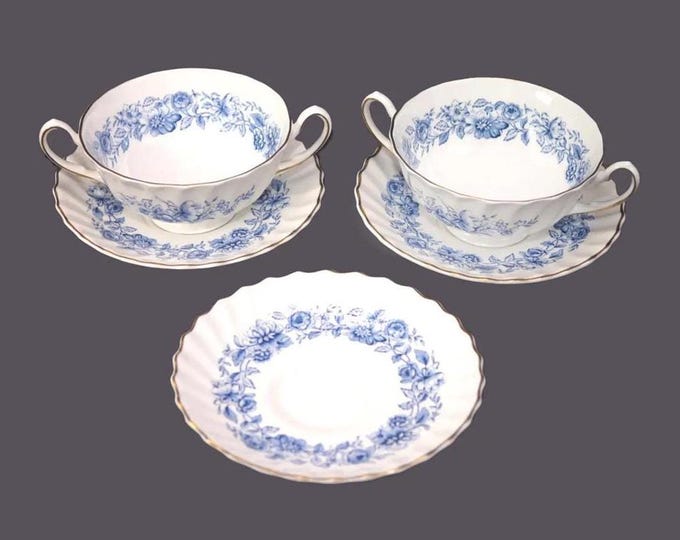 Vintage Royal Doulton Mayfair Blue cream soup sets - England. 2 sets, bonus saucer.