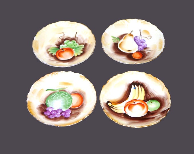 Four Lefton Orchard Fruit Gold butter pats or drink coasters. Hand-painted Nippon made in Japan.