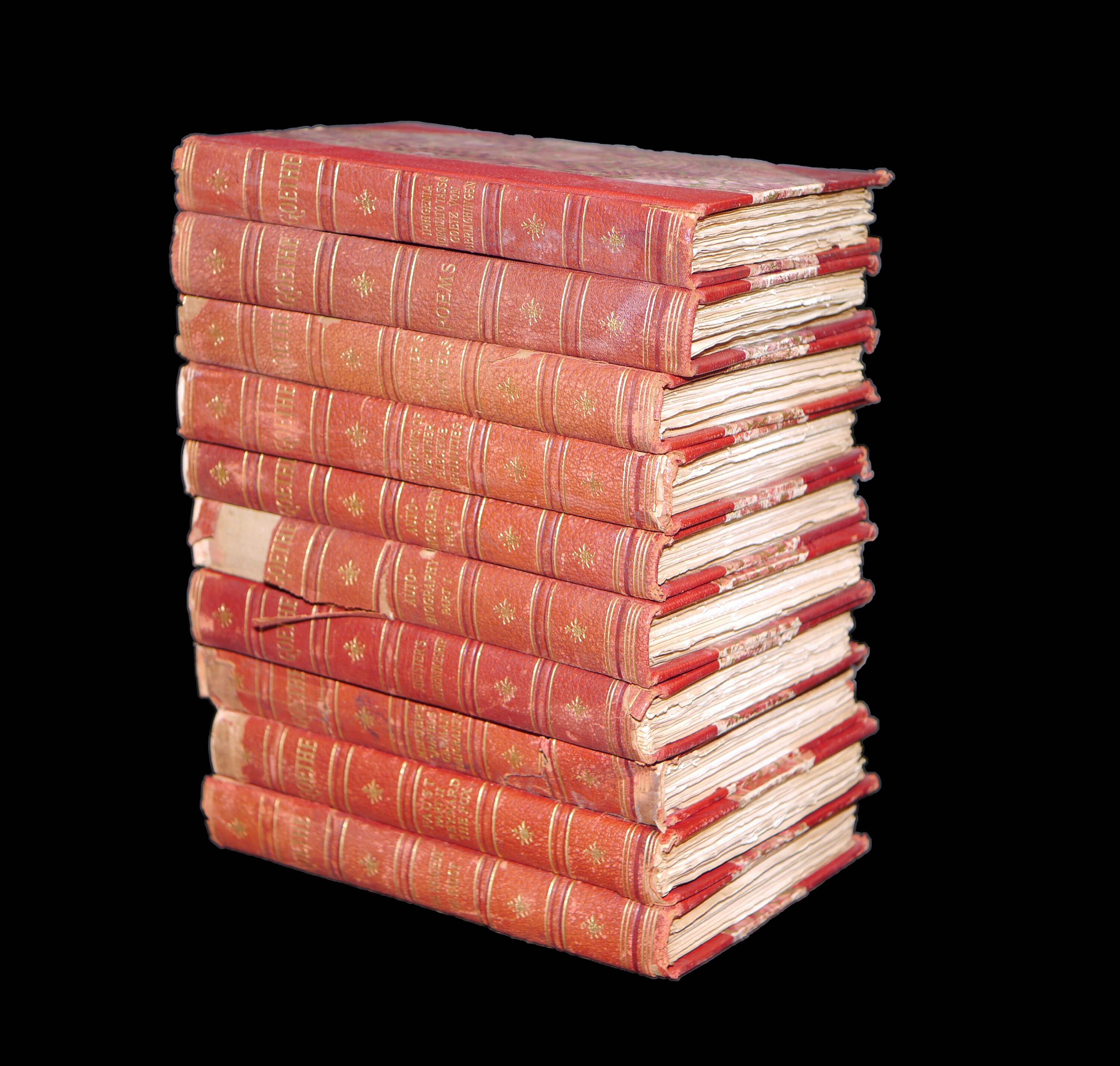 Ten volumes of Victorianera books. Complete Works of Johann Wolfgang