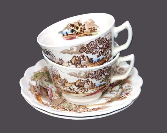 Pair of Ridgway Coaching Days cup and saucer sets. Multicolor transferware Coaching Scene made in England.