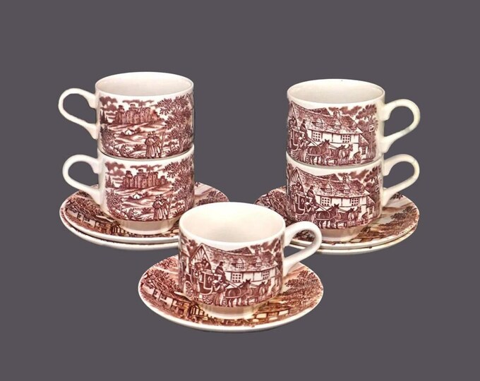 Vintage Churchill Swan Inn Cup and Saucer Sets: England (Set of 5)