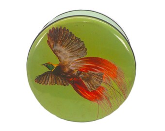 Mid-century Peak Freans Biscuits Bird of Paradise round cookie tin.