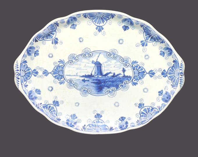 Vintage Erven Lucas Bols Delft Blauw large blue-and-white lugged turkey platter made Holland.